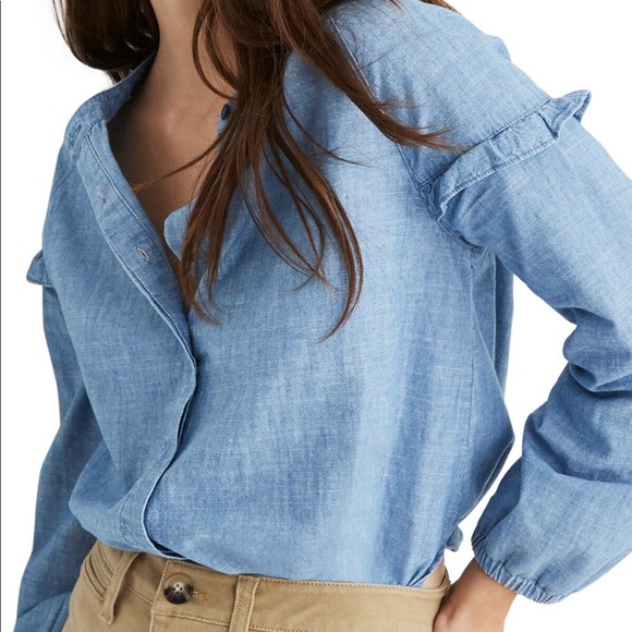 MADEWELL Denim Collarless Ruffle Shirt NWT Small - Picture 6 of 6